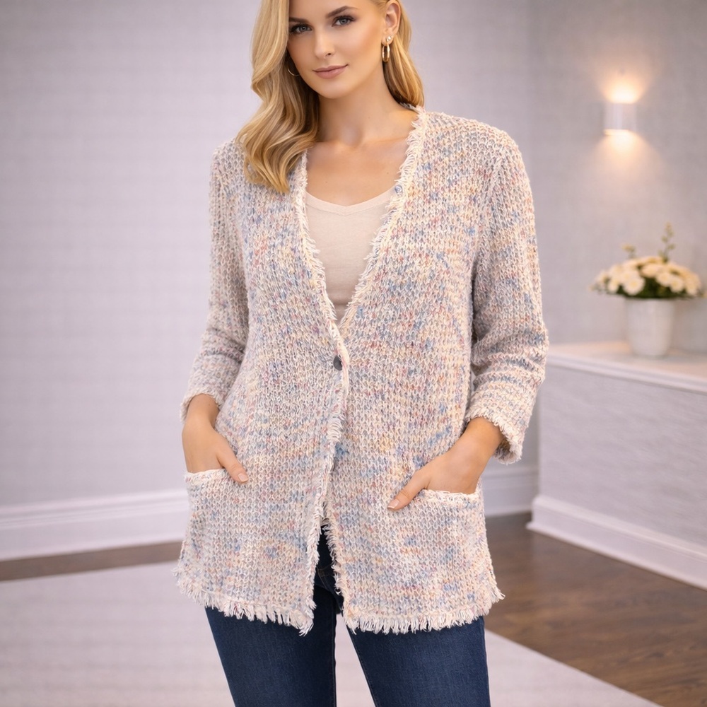 NIC+ZOE Open Front Fringe Knit Cardigan Large